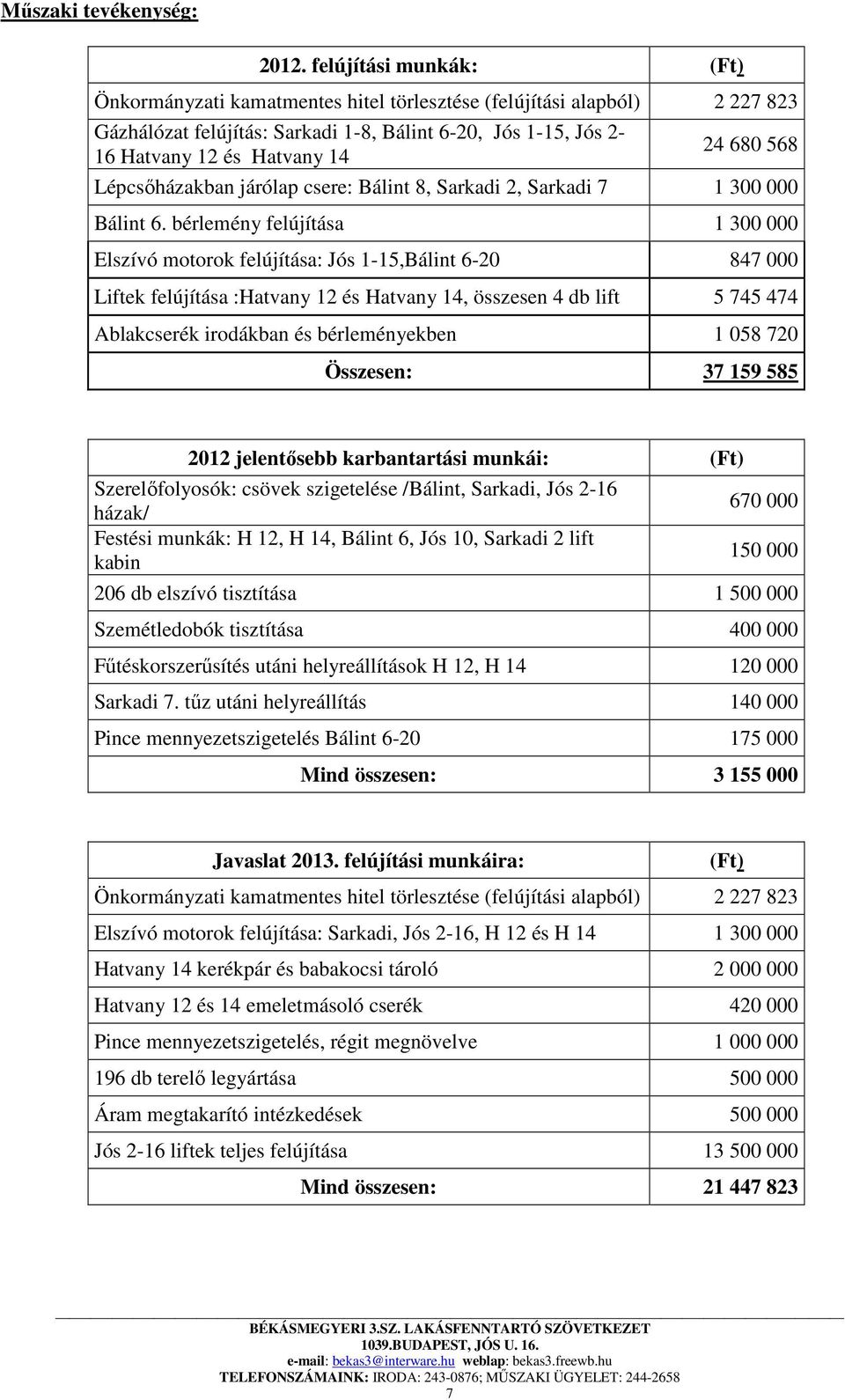 568 Lépcsőházakban járólap csere: Bálint 8, Sarkadi 2, Sarkadi 7 1 300 000 Bálint 6.