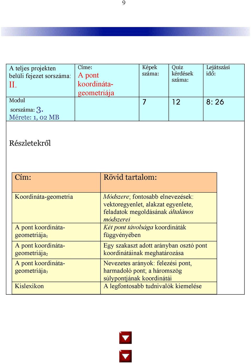 koordinátageometriája 1 A pont koordinátageometriája 2 A pont koordinátageometriája 3 Kislexikon Rövid tartalom: Módszere; fontosabb elnevezések: vektoregyenlet,