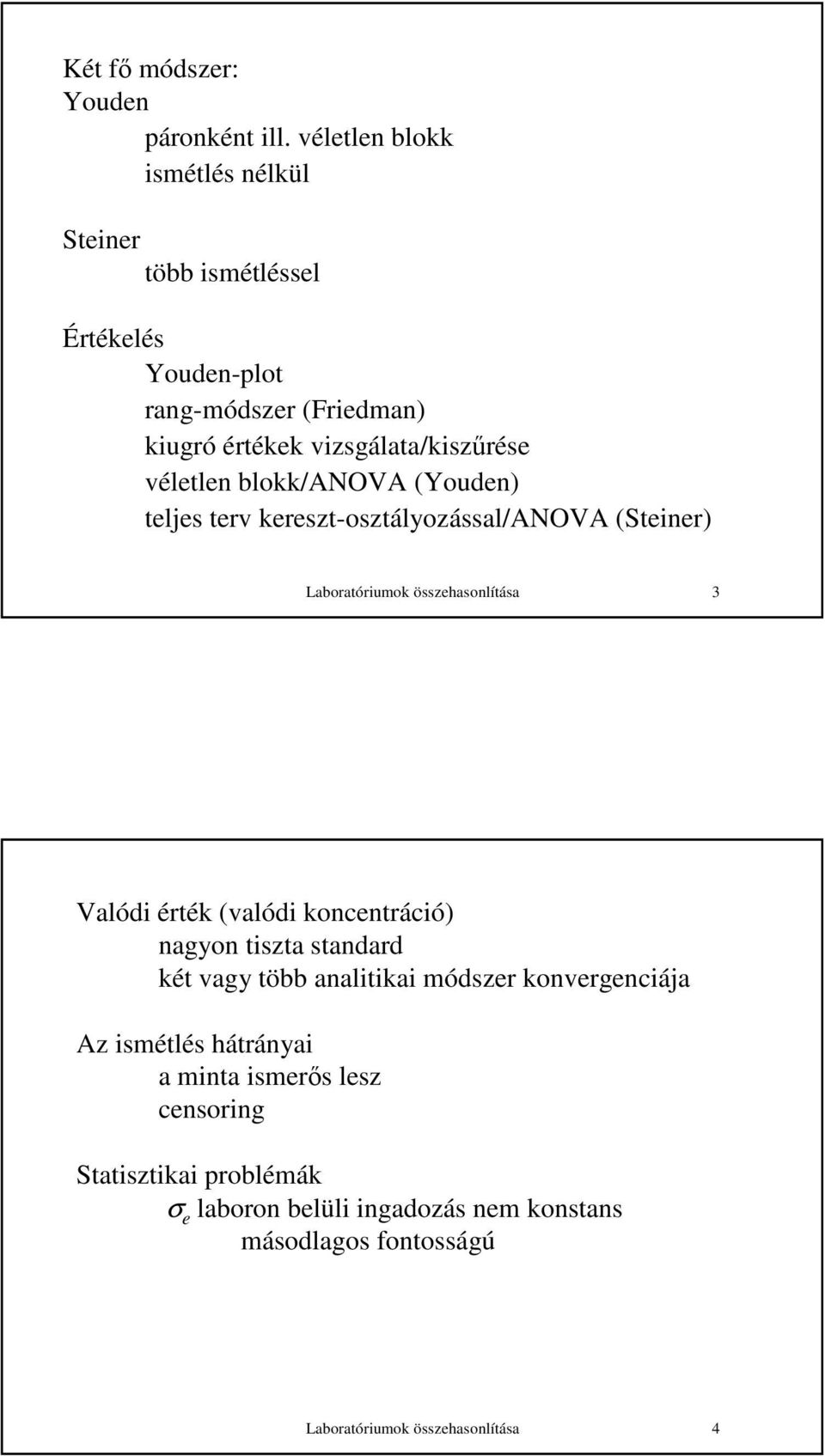 véletlen blokk/anova (Youden) teljes terv kereszt-osztályozással/anova (Steiner) Laboratóriumok összehasonlítása Valódi érték (valódi