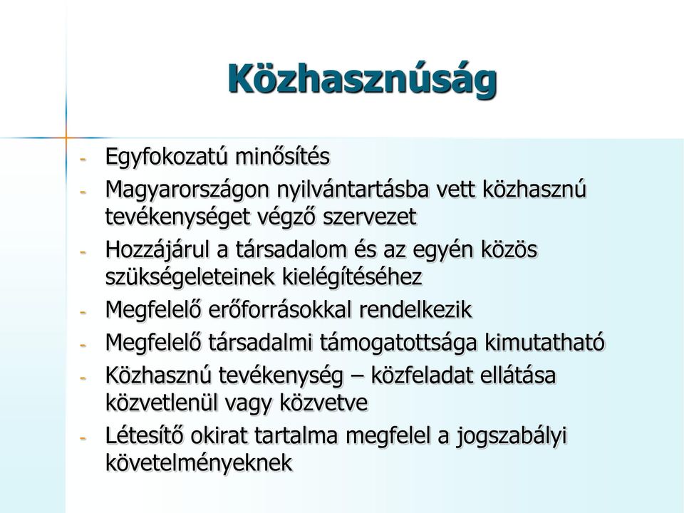erőforrásokkal rendelkezik - Megfelelő társadalmi támogatottsága kimutatható - Közhasznú tevékenység