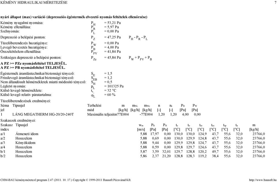 P FV = 41,84 Pa Szükséges depresszió a belépési ponton: P Ze = 45,84 Pa P W + P FV + P B A PZ >= PZe nyoásfeltétel TELJESÜL. A PZ >= PB nyoásfeltétel TELJESÜL.