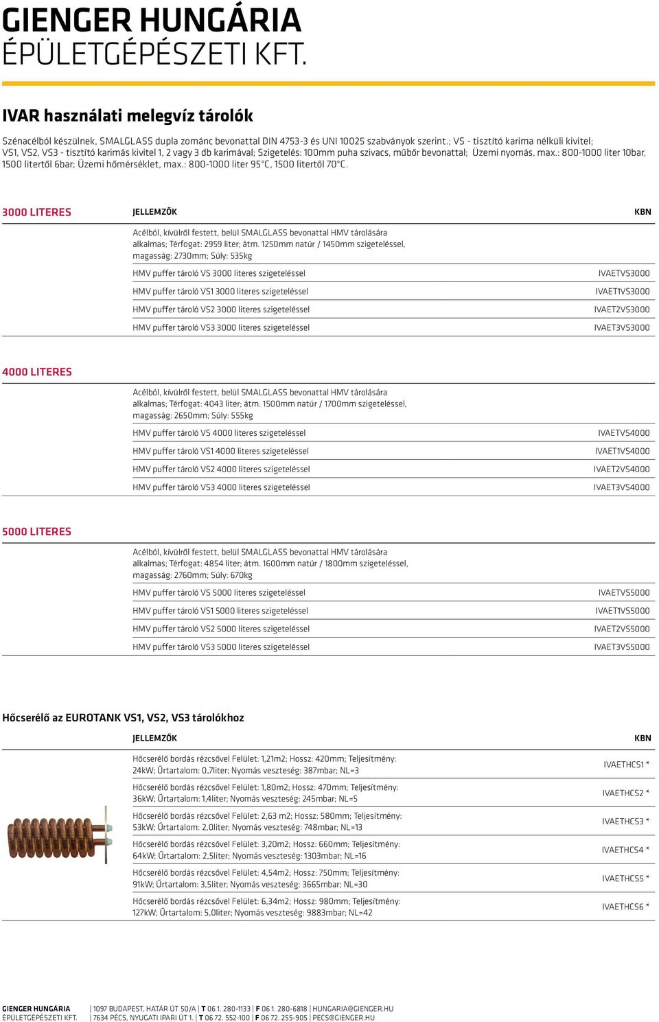 : 800-1000 liter 10bar, 1500 litertől 6bar; Üzemi hőmérséklet, max.: 800-1000 liter 95 C, 1500 litertől 70 C.