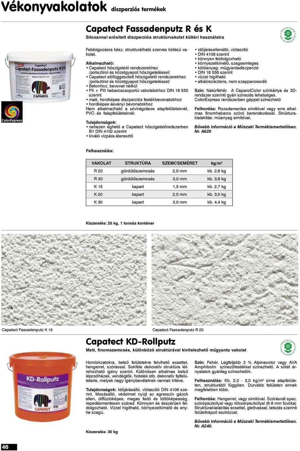 bevonat nélkül PII + PIII habarcscsoportú vakolatokhoz DIN 18 550 szerint matt, hordképes diszperziós festékbevonatokhoz hordképes ásványi bevonatokhoz Nem alkalmazható a sóvirágzásos
