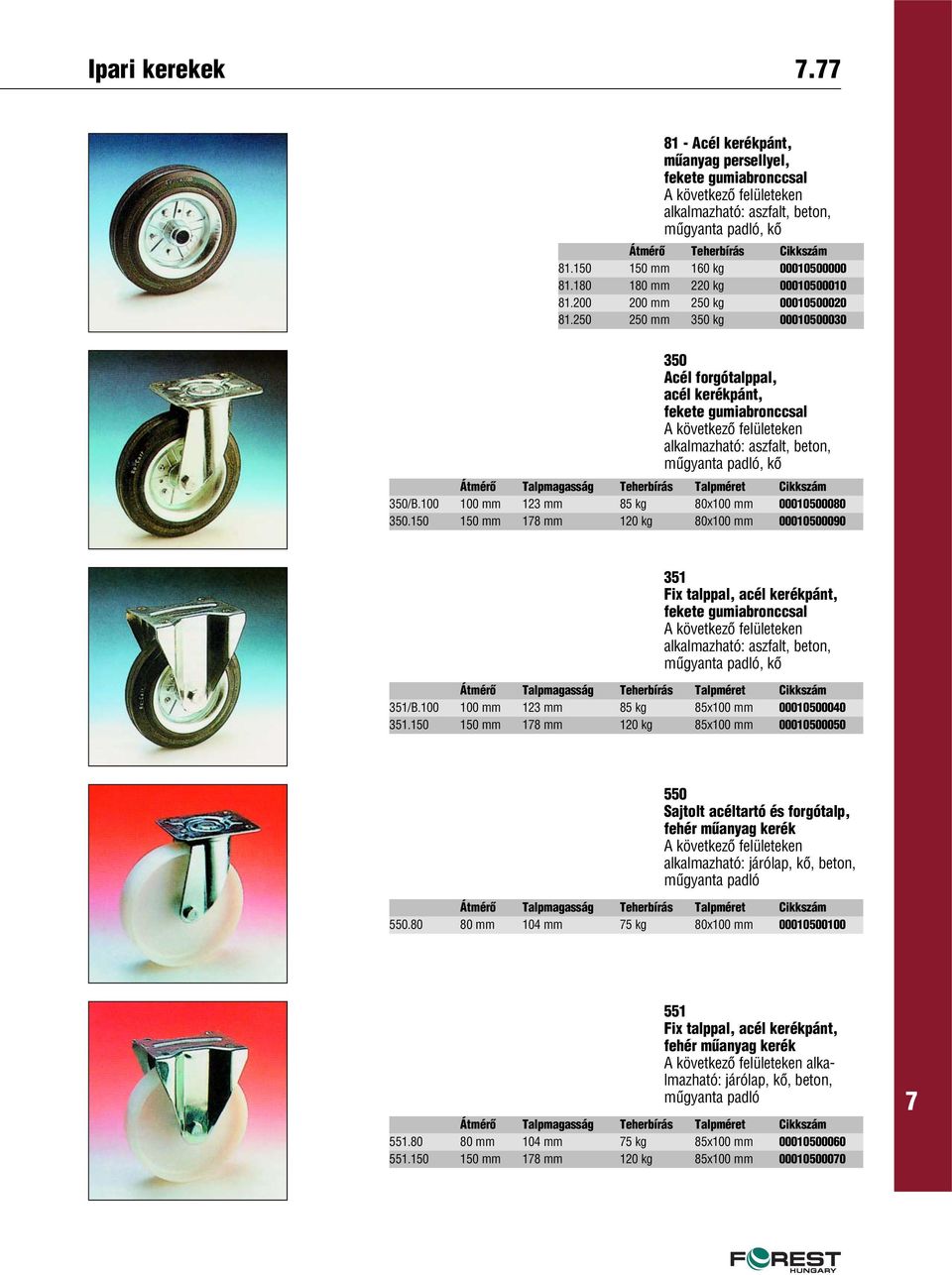 250 250 mm 350 kg 00010500030 350 Acél forgótalppal, acél kerékpánt, fekete gumiabronccsal alkalmazható: aszfalt, beton, mûgyanta padló, kô 350/B.100 100 mm 123 mm 85 kg 80x100 mm 00010500080 350.