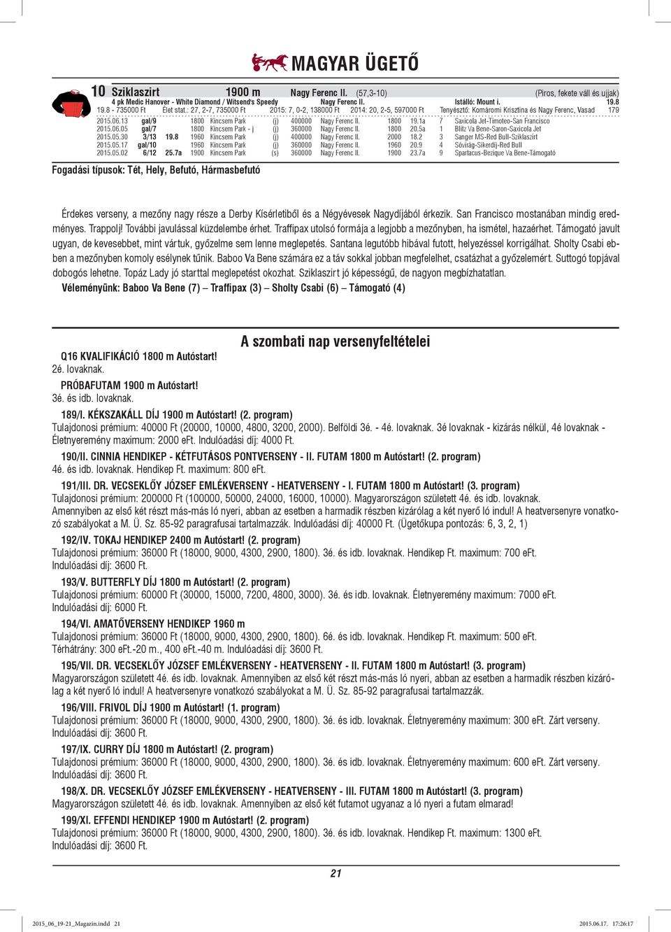 13 gal/9 1800 Kincsem Park (j) 400000 Nagy Ferenc 1800 19.1a 7 Saxicola Jet-Timoteo-San Francisco 2015.06.05 gal/7 1800 Kincsem Park - j (j) 360000 Nagy Ferenc 1800 20.