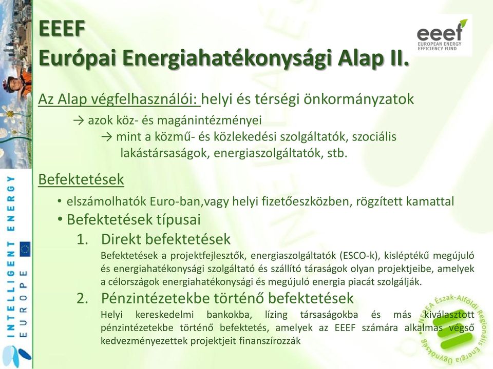 Befektetések elszámolhatók Euro-ban,vagy helyi fizetőeszközben, rögzített kamattal Befektetések típusai 1.