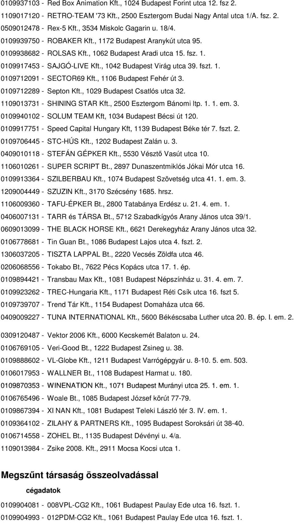 , 1042 Budapest Virág utca 39. fszt. 1. 0109712091 - SECTOR69 Kft., 1106 Budapest Fehér út 3. 0109712289 - Septon Kft., 1029 Budapest Csatlós utca 32. 1109013731 - SHINING STAR Kft.