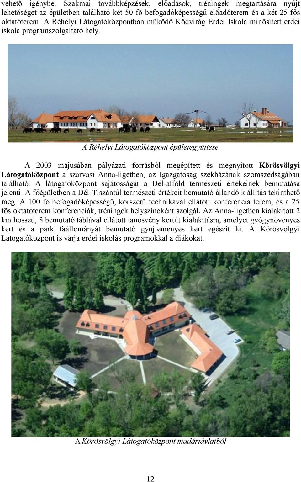 A Réhelyi Látogatóközpont épületegyüttese A 2003 májusában pályázati forrásból megépített és megnyitott Körösvölgyi Látogatóközpont a szarvasi Anna-ligetben, az Igazgatóság székházának