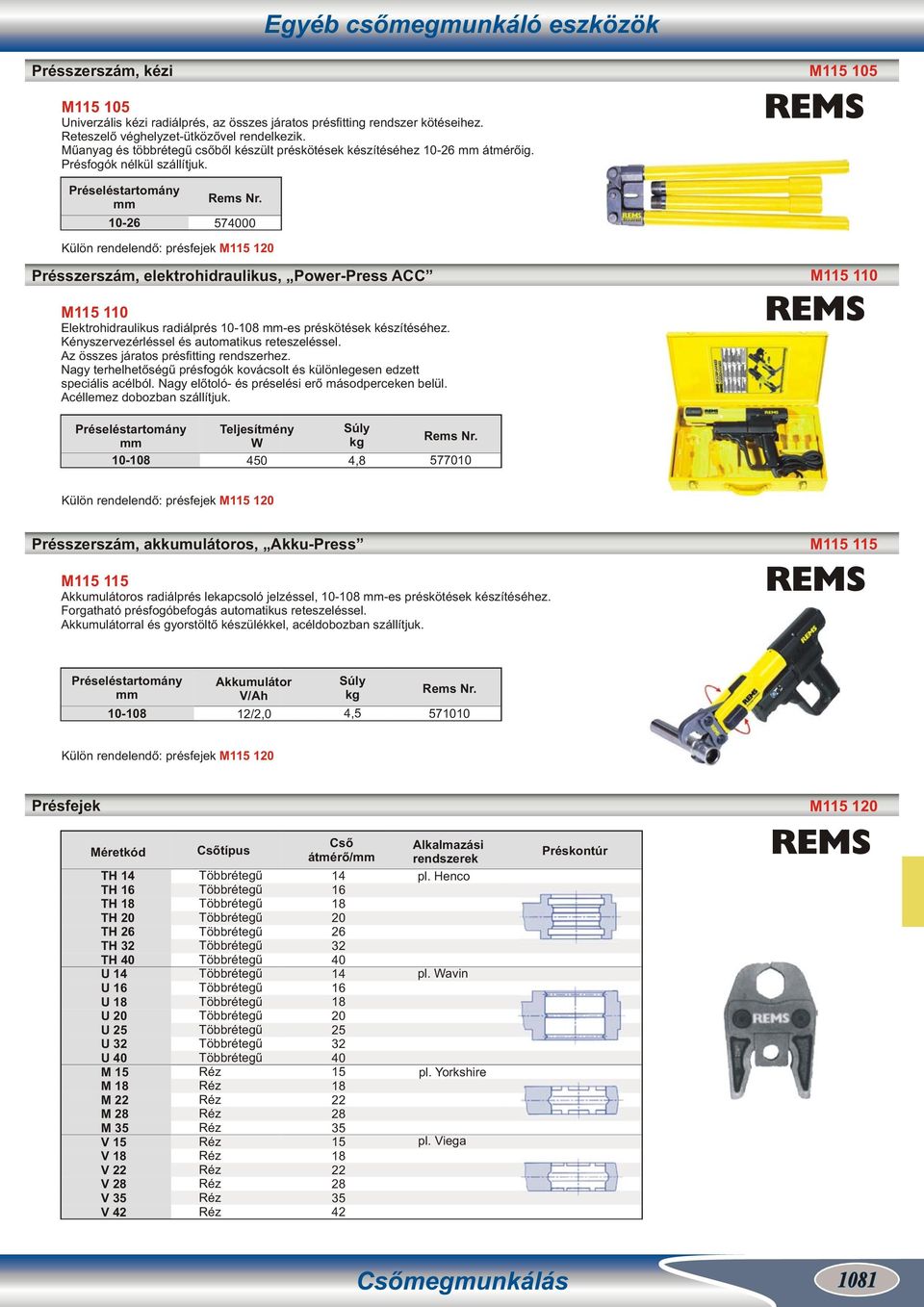 Préseléstartomány 10-26 574000 Külön rendelendő: présfejek M115 120 Présszerszám, elektrohidraulikus, Power-Press ACC M115 110 M115 110 Elektrohidraulikus radiálprés 10-108 -es préskötések