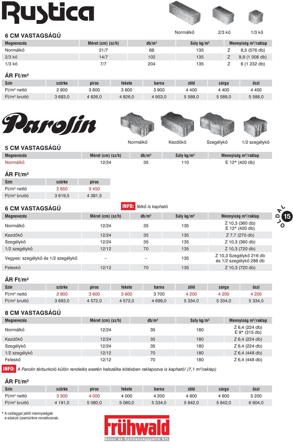 VASTAGSÁGÚ (sz/h) kg/m² Mennyiség m²/raklap Normálkõ 12/24 35 110 E 12* (420 db) Szín szürke piros Ft/m² nettó 2 850 3 450 Ft/m² bruttó 3 619,5 4 381,5 6 CM VASTAGSÁGÚ INFO: félkõ is kapható (sz/h)