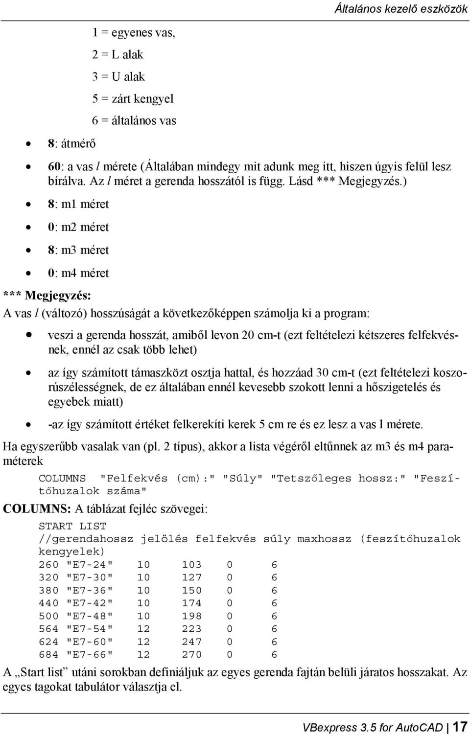 ) 8: m1 méret 0: m2 méret 8: m3 méret 0: m4 méret *** Megjegyzés: A vas l (változó) hosszúságát a következőképpen számolja ki a program: 8 veszi a gerenda hosszát, amiből levon 20 cm-t (ezt