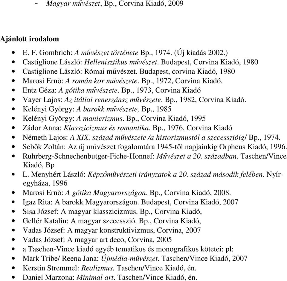 , 1972, Corvina Kiadó. Entz Géza: A gótika művészete. Bp., 1973, Corvina Kiadó Vayer Lajos: Az itáliai reneszánsz művészete. Bp., 1982, Corvina Kiadó. Kelényi György: A barokk művészete, Bp.