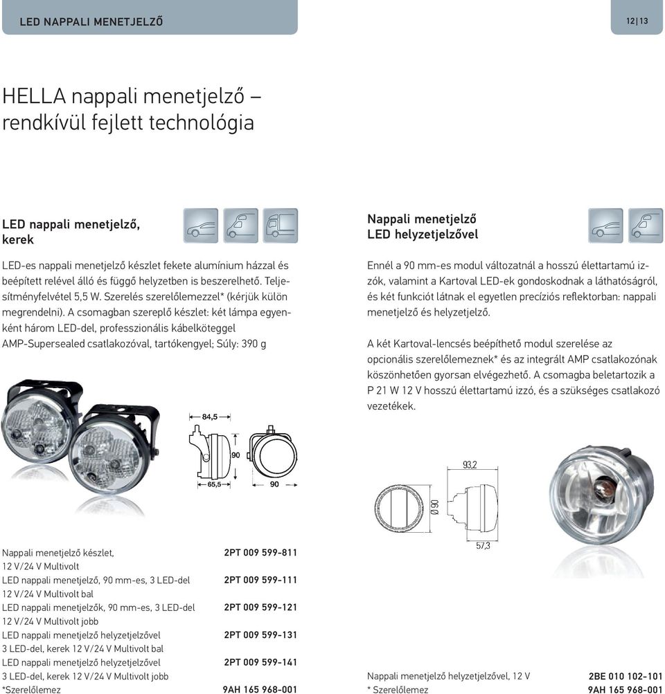 A csomagban szereplő készlet: két lámpa egyenként három LED-del, professzionális kábelköteggel AMP-Supersealed csatlakozóval, tartókengyel; Súly: 390 g Nappali menetjelző LED helyzetjelzővel Ennél a