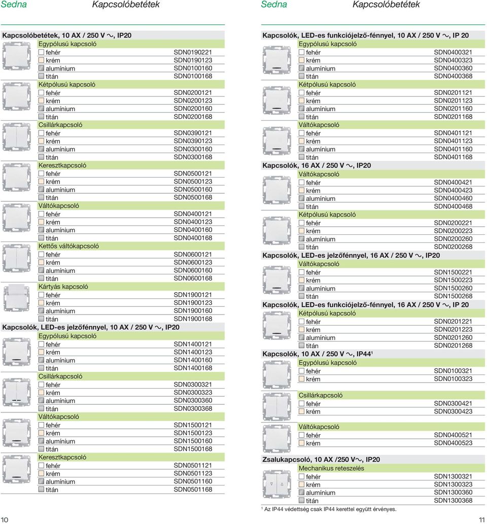 váltókapcsoló SDN0600121 SDN0600123 SDN0600160 SDN0600168 Kártyás kapcsoló SDN1900121 SDN1900123 SDN1900160 SDN1900168 Kapcsolók, LED-es jelzőfénnyel, 10 AX / 250 V a, IP20 Egypólusú kapcsoló