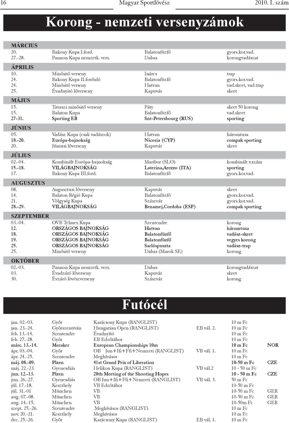 Balaton Kupa Balatonfüzfő vad.skeet 27-31. Sporting EB Snt-Petersbourg (RUS) sporting JÚNIUS 05. Vadász Kupa (csak vadászok) Hatvan háromtusa 18.-20. Európa-bajnokság Nicosia (CYP) compak sporting 20.