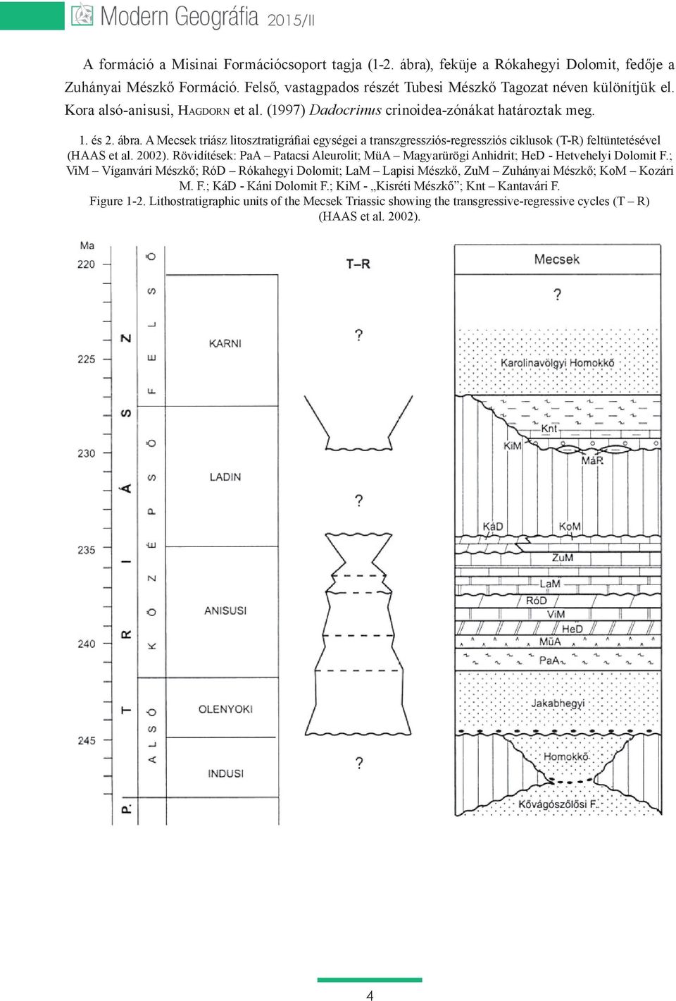 A Mecsek triász litosztratigráfiai egységei a transzgressziós-regressziós ciklusok (T-R) feltüntetésével (HAAS et al. 2002).