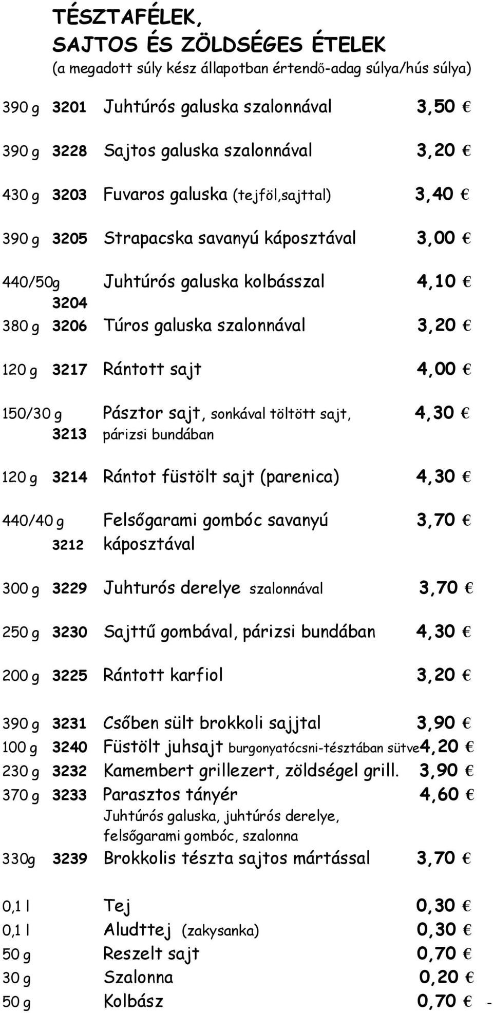 sajt 4,00 150/30 g Pásztor sajt, sonkával töltött sajt, 4,30 3213 párizsi bundában 120 g 3214 Rántot füstölt sajt (parenica) 4,30 440/40 g Felsőgarami gombóc savanyú 3,70 3212 káposztával 300 g 3229