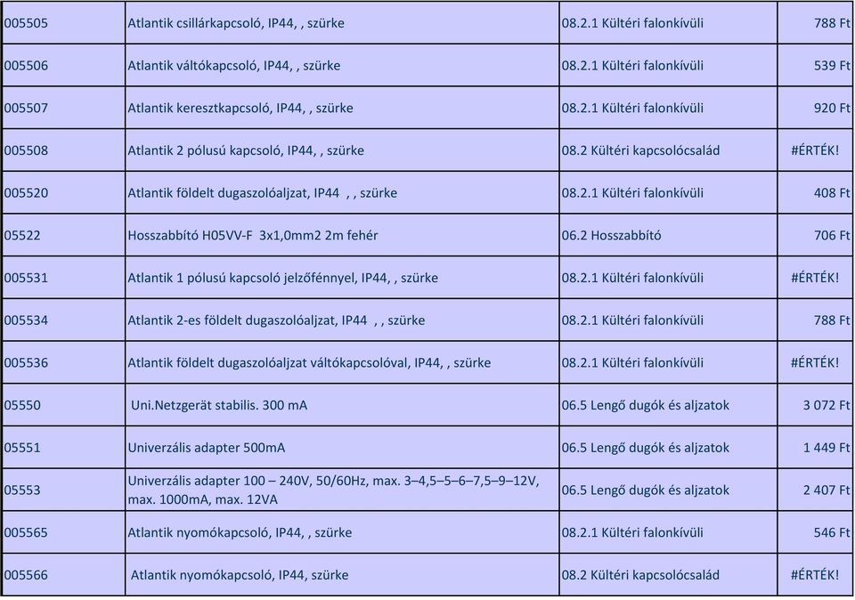 2 Hosszabbító 706 Ft 005531 Atlantik 1 pólusú kapcsoló jelzőfénnyel, IP44,, szürke 08.2.1 Kültéri falonkívüli #ÉRTÉK! 005534 Atlantik 2-es földelt dugaszolóaljzat, IP44,, szürke 08.2.1 Kültéri falonkívüli 788 Ft 005536 Atlantik földelt dugaszolóaljzat váltókapcsolóval, IP44,, szürke 08.