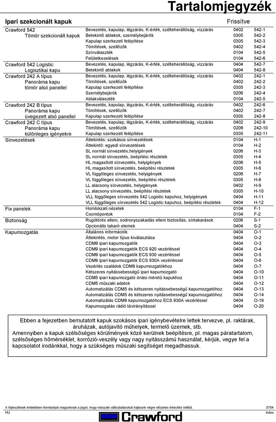 szélteherállóság, vízzárás 0404 542-7 Logisztikai kapu Betekintő ablakok 0404 542-8 Crawford 242 A típus Bevezetés, kapulap, légzárás, K-érték, szélteherállóság, vízzárás 0402 242-1 Panoráma kapu