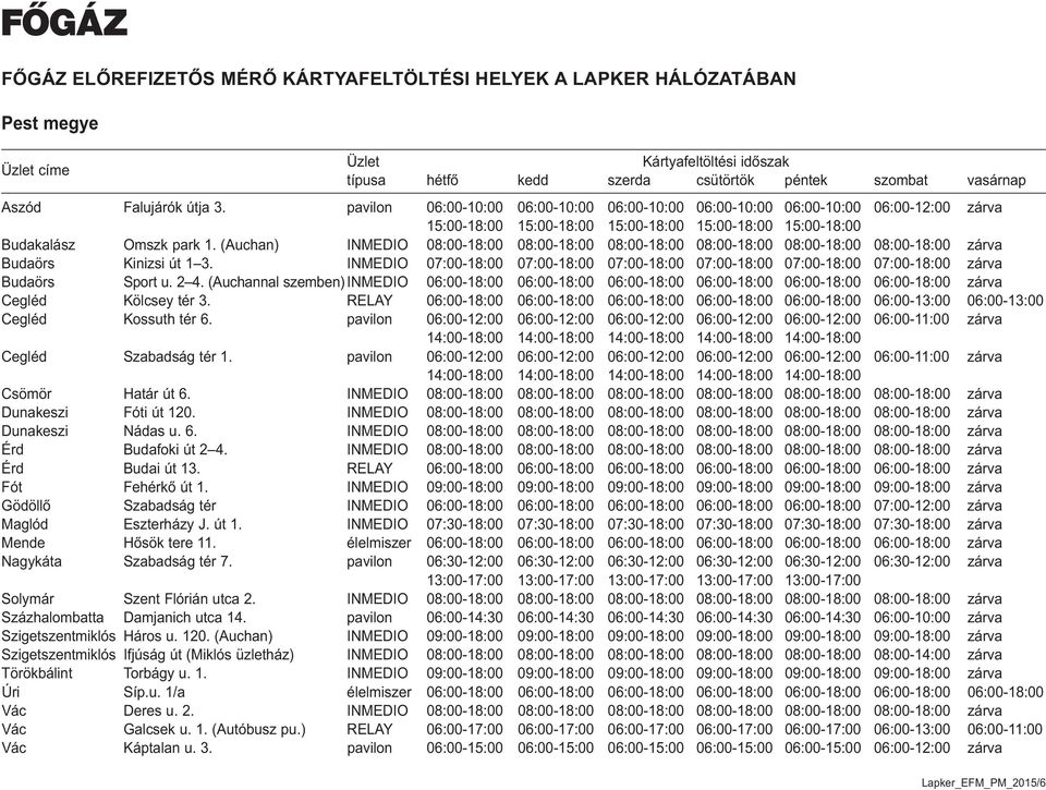 (Auchan) INMEDIO 08:00-18:00 08:00-18:00 08:00-18:00 08:00-18:00 08:00-18:00 08:00-18:00 zárva Budaörs Kinizsi út 1 3.