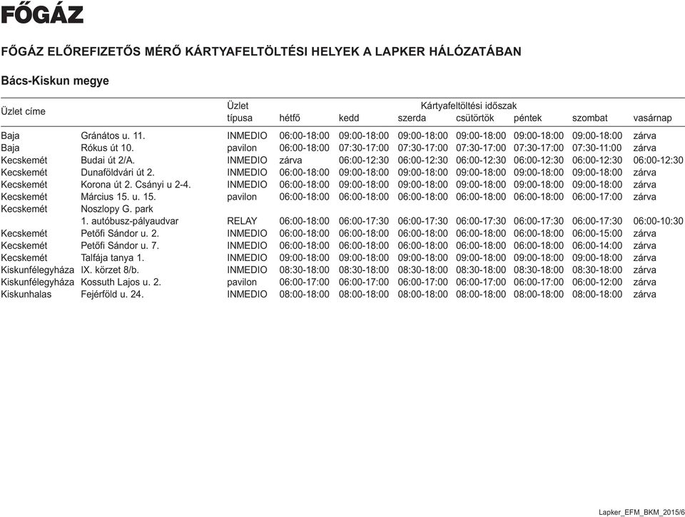 INMEDIO zárva 06:00-12:30 06:00-12:30 06:00-12:30 06:00-12:30 06:00-12:30 06:00-12:30 Kecskemét Dunaföldvári út 2.