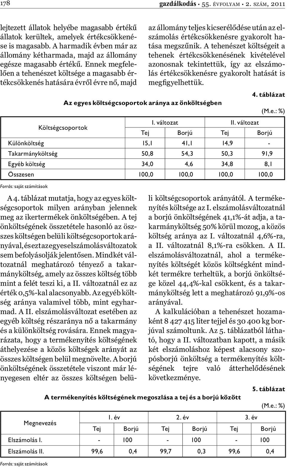 Ennek megfelelően a tehenészet költsége a magasabb értékcsökkenés hatására évről évre nő, majd Költségcsoportok az állomány teljes kicserélődése után az elszámolás értékcsökkenésre gyakorolt hatása