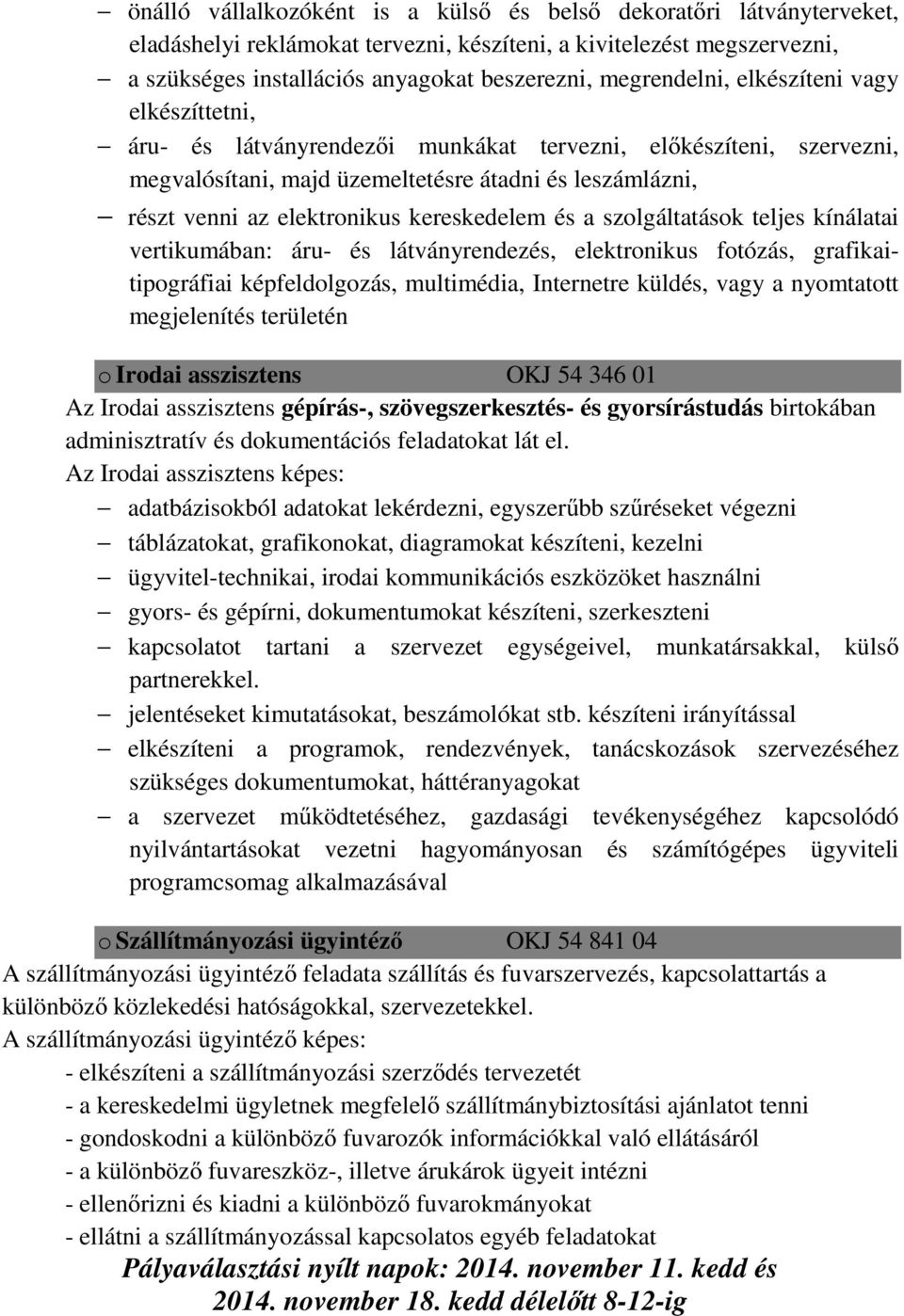 kereskedelem és a szolgáltatások teljes kínálatai vertikumában: áru- és látványrendezés, elektronikus fotózás, grafikaitipográfiai képfeldolgozás, multimédia, Internetre küldés, vagy a nyomtatott