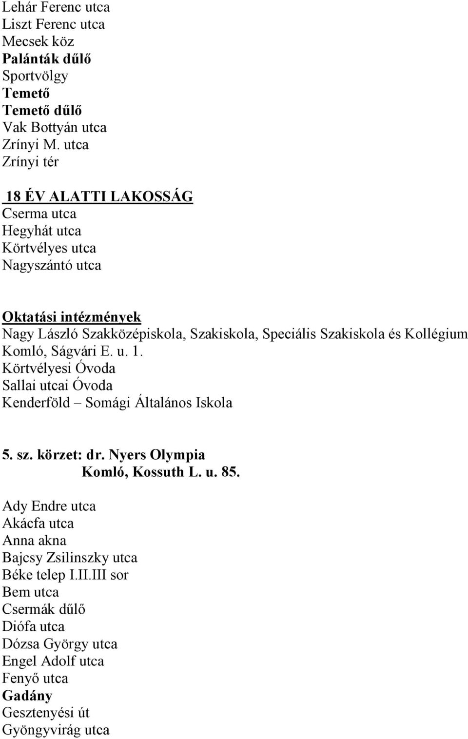 Speciális Szakiskola és Kollégium Komló, Ságvári E. u. 1. Körtvélyesi Óvoda Sallai utcai Óvoda Kenderföld Somági Általános Iskola 5. sz. körzet: dr.