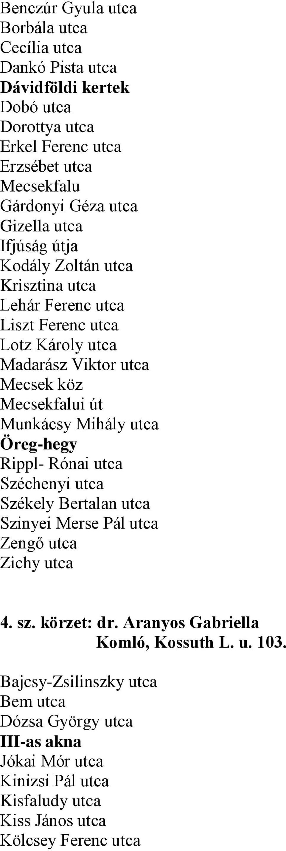 Munkácsy Mihály utca Öreg-hegy Rippl- Rónai utca Széchenyi utca Székely Bertalan utca Szinyei Merse Pál utca Zengő utca Zichy utca 4. sz. körzet: dr.