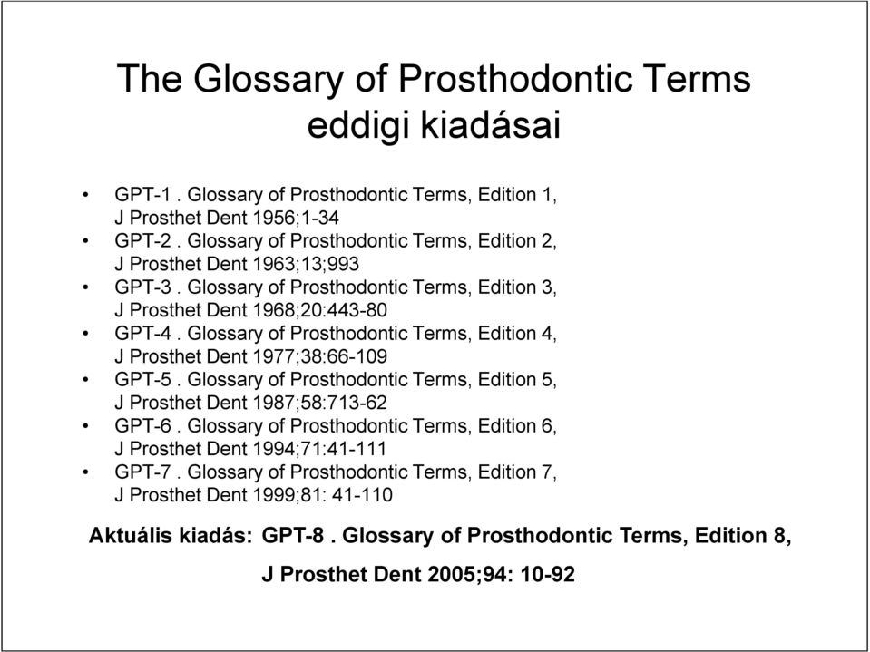 Glossary of Prosthodontic Terms, Edition 4, J Prosthet Dent 1977;38:66-109 GPT-5. Glossary of Prosthodontic Terms, Edition 5, J Prosthet Dent 1987;58:713-62 GPT-6.