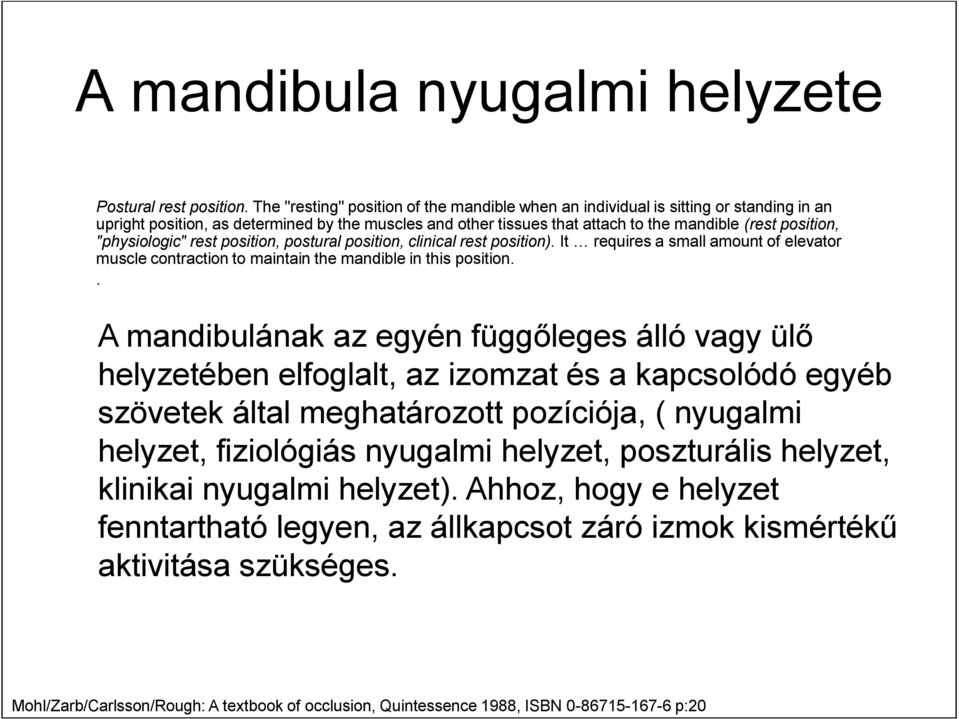 "physiologic" rest position, postural position, clinical rest position). It requires a small amount of elevator muscle contraction to maintain the mandible in this position.
