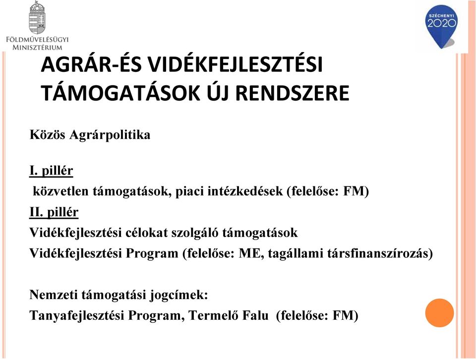 pillér Vidékfejlesztési célokat szolgáló támogatások Vidékfejlesztési Program