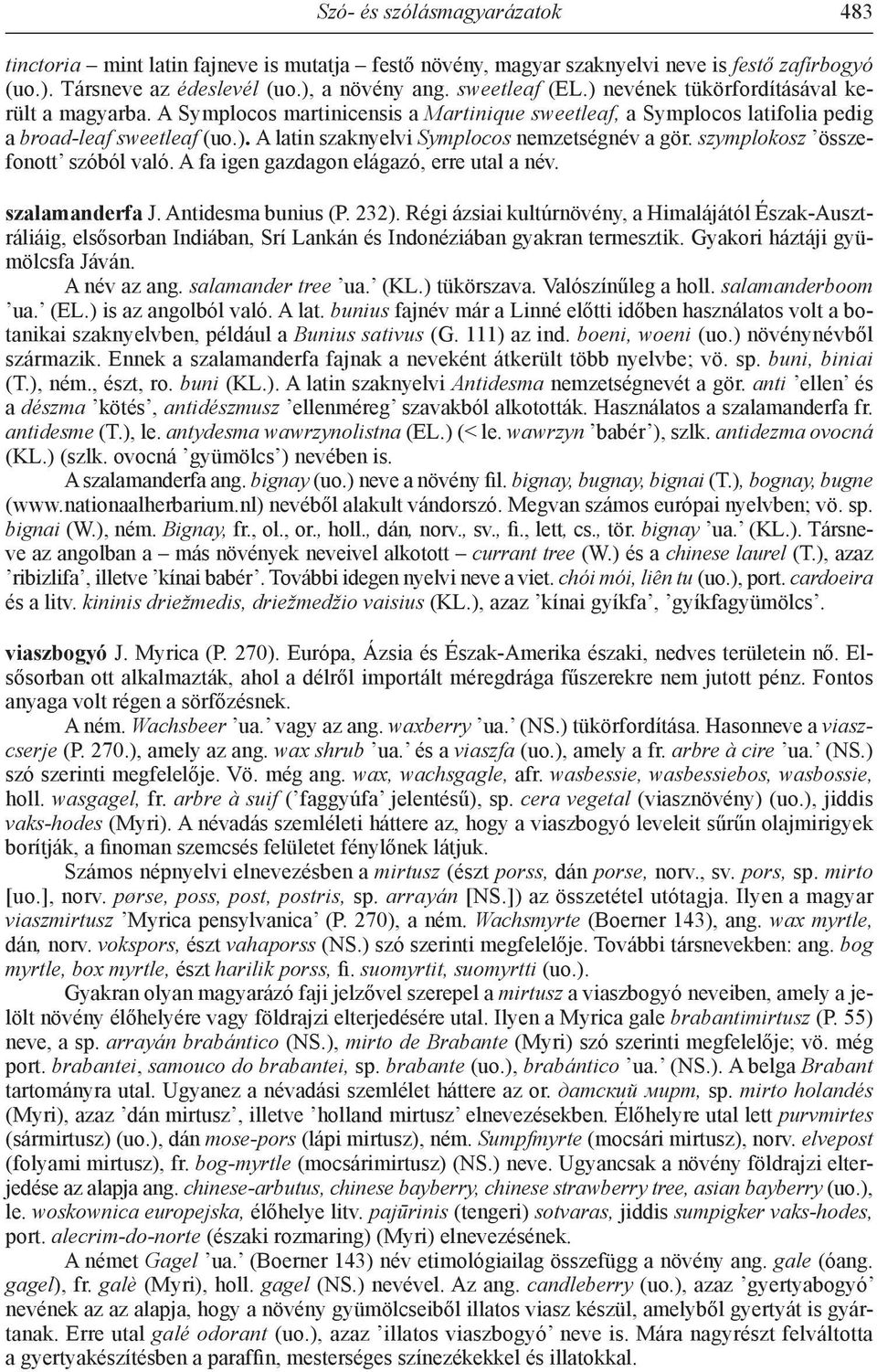 szymplokosz összefonott szóból való. A fa igen gazdagon elágazó, erre utal a név. szalamanderfa J. Antidesma bunius (P. 232).