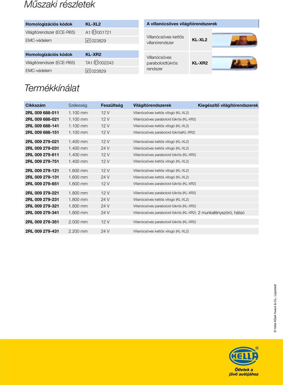 009 688-011 1.100 mm 12 V Villanócsöves kettős villogó (KL-XL2) 2RL 009 688-021 1.100 mm 12 V Villanócsöves paraboloid tükrös (KL-XR2) 2RL 009 688-141 1.