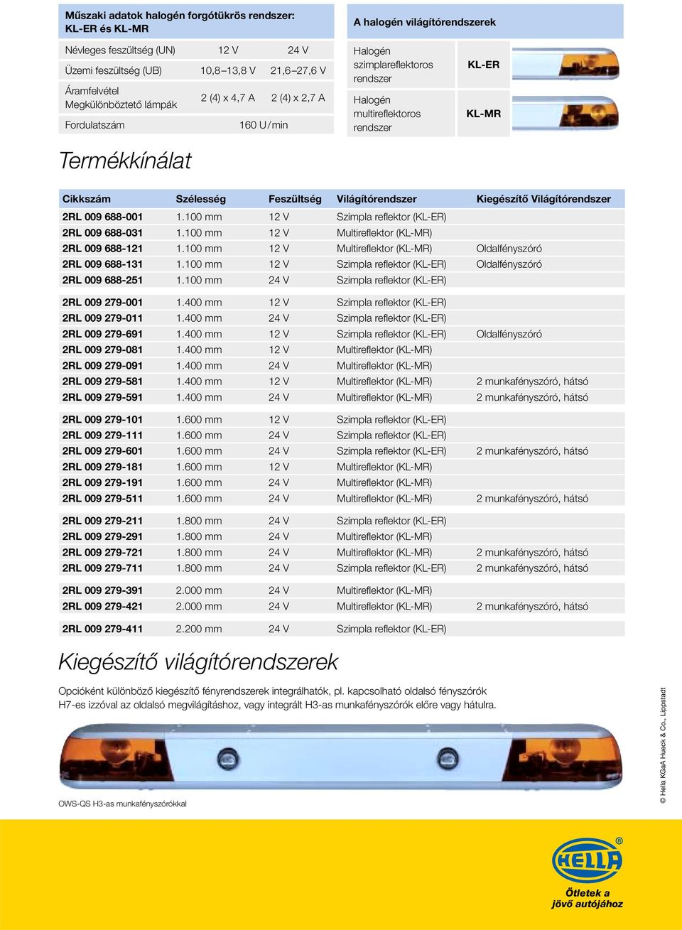 100 mm 12 V Szimpla refl ektor (KL-ER) 2RL 009 688-031 1.100 mm 12 V Multirefl ektor (KL-MR) 2RL 009 688-121 1.100 mm 12 V Multirefl ektor (KL-MR) Oldalfényszóró 2RL 009 688-131 1.