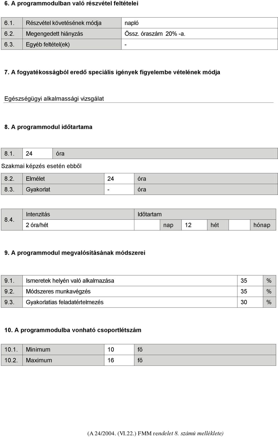 24 óra Szakmai képzés esetén ebből 8.2. Elmélet 24 óra 8.3. Gyakorlat - óra 8.4. Intenzitás Időtartam 2 óra/hét nap 12 hét hónap 9.