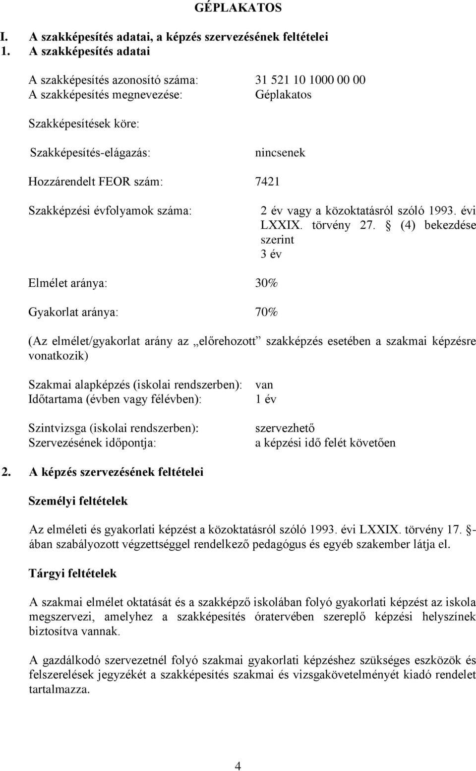 7421 Szakképzési évfolyamok száma: 2 év vagy a közoktatásról szóló 1993. évi LI. törvény 27.