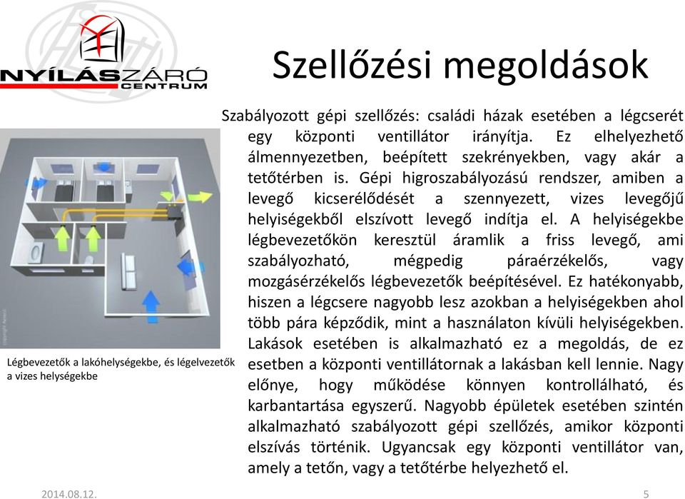 Gépi higroszabályozású rendszer, amiben a levegő kicserélődését a szennyezett, vizes levegőjű helyiségekből elszívott levegő indítja el.
