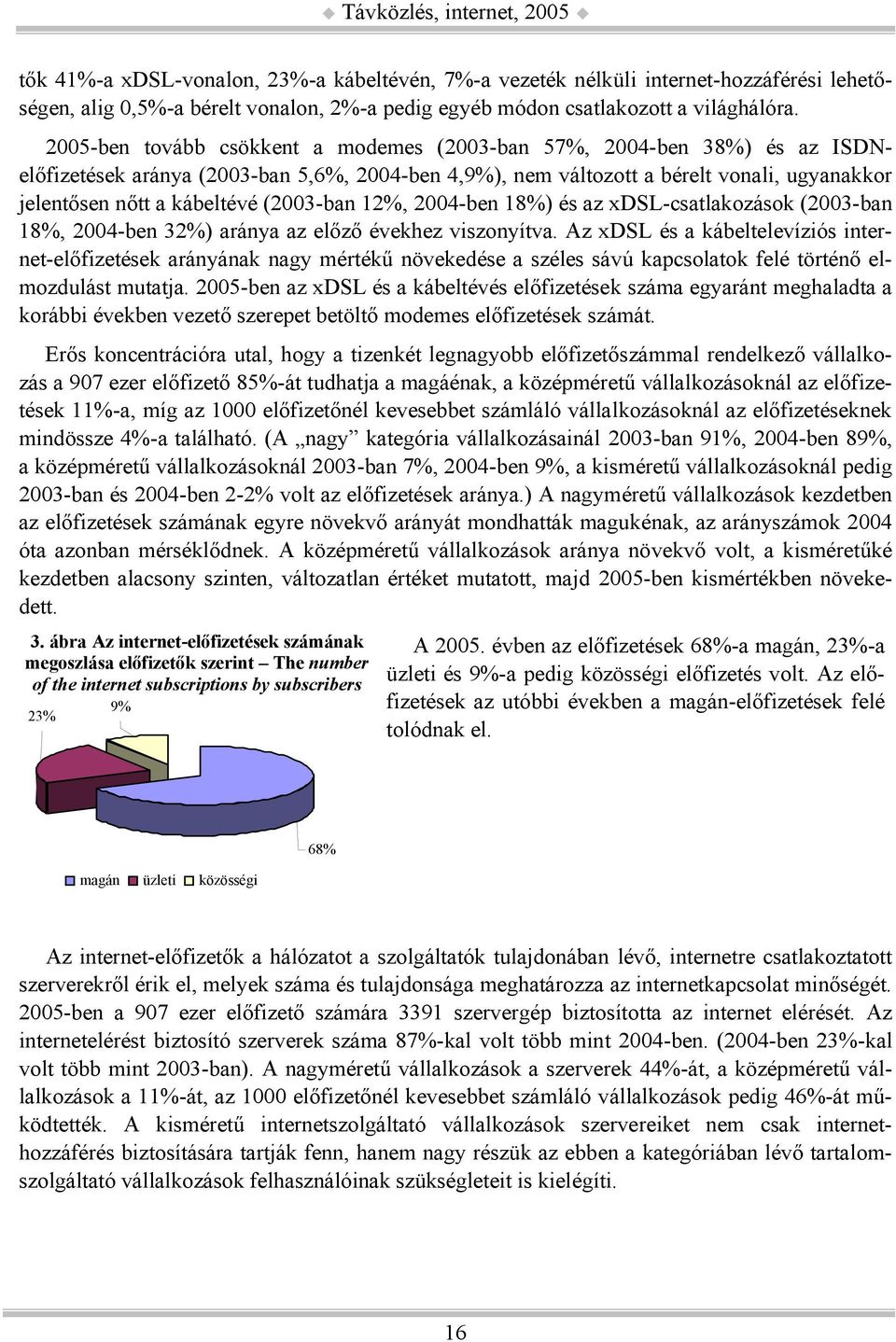 2005-ben tovább csökkent a modemes (2003-ban 57%, 2004-ben 38%) és az ISDNelőfizetések aránya (2003-ban 5,6%, 2004-ben 4,9%), nem változott a bérelt vonali, ugyanakkor jelentősen nőtt a kábeltévé