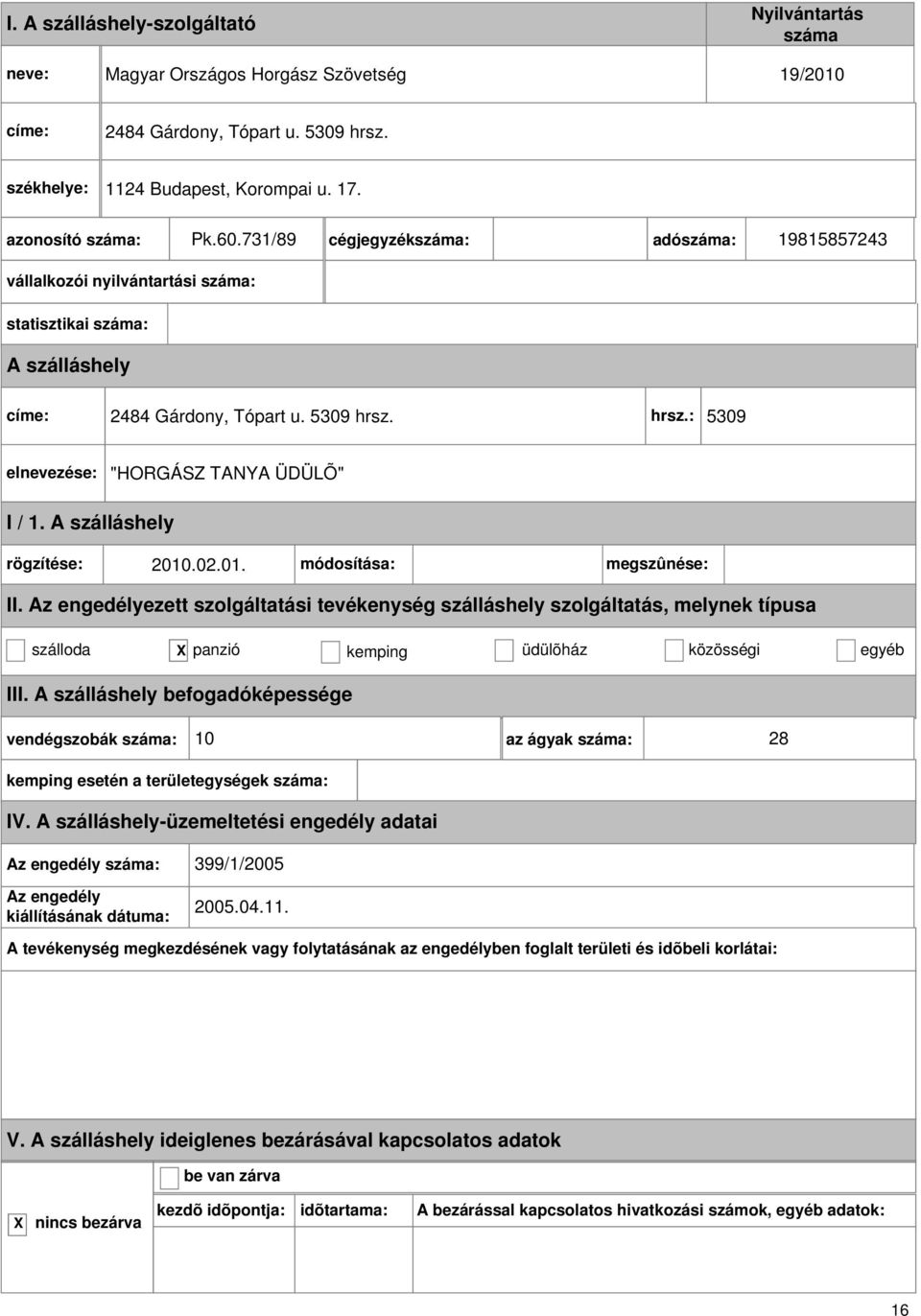 731/89 cégjegyzék: adó: 19815857243 vállalkozói nyilvántartási : statisztikai : címe: 2484 Gárdony, Tópart u. 5309 hrsz.