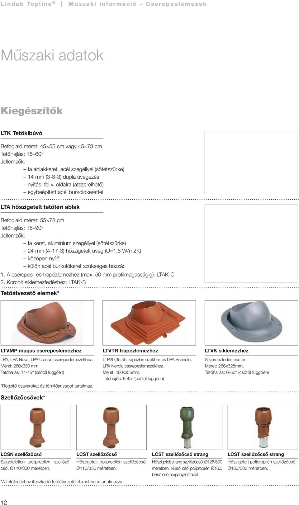 (4-17-3) hőszigetelt üveg (U=1,6 W/m2K) középen nyíló külön acél burkolókeret szükséges hozzá: 1. A cserepes- és trapéz le mez hez (max. 50 mm profilmagasságig): LTAK-C 2.