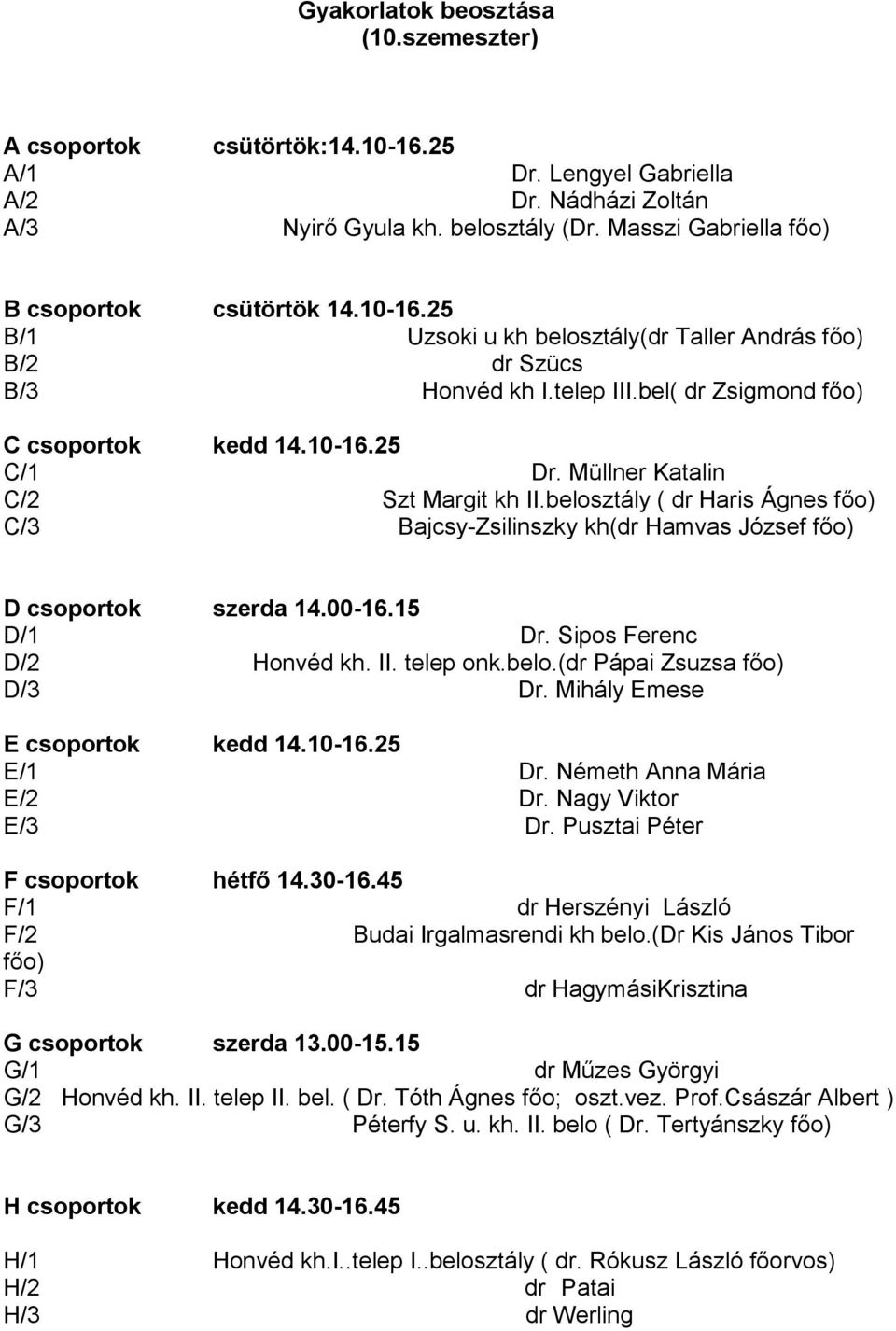Müllner Katalin C/2 Szt Margit kh II.belosztály ( dr Haris Ágnes főo) C/3 Bajcsy-Zsilinszky kh(dr Hamvas József főo) D csoportok szerda 14.00-16.15 D/1 Dr. Sipos Ferenc D/2 Honvéd kh. II. telep onk.