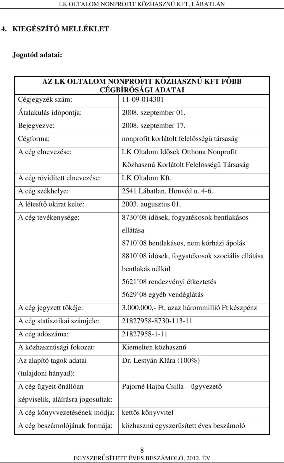 A cég székhelye: 2541 Lábatlan, Honvéd u. 4-6. A létesítő okirat kelte: 2003. augusztus 01.