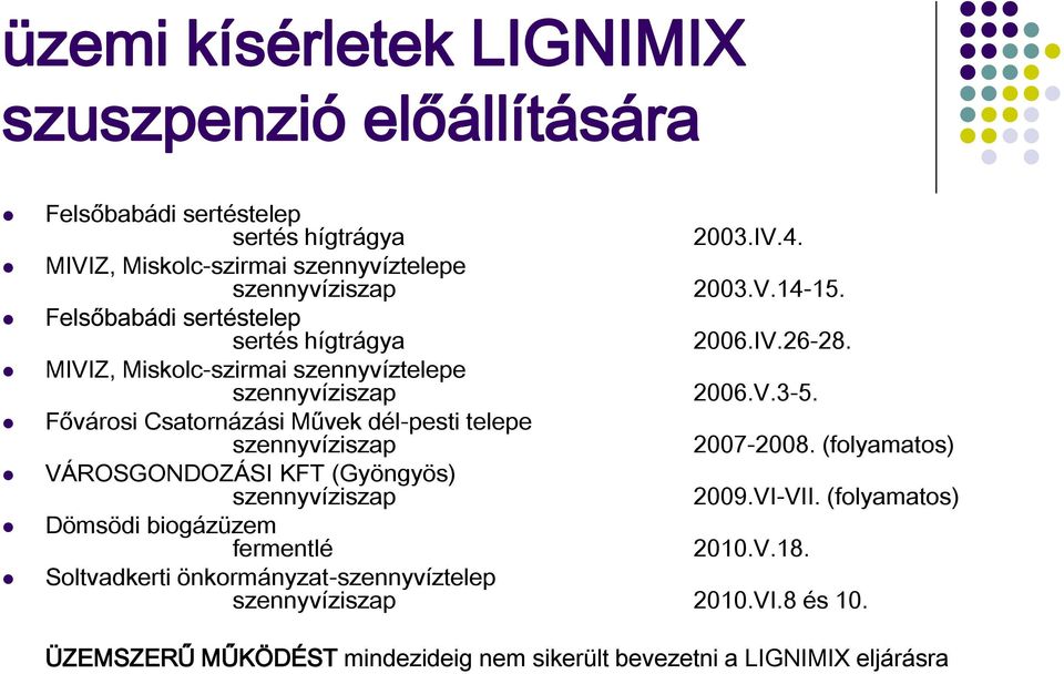 MIVIZ, Miskolc-szirmai szennyvíztelepe szennyvíziszap 2006.V.3-5. Fővárosi Csatornázási Művek dél-pesti telepe szennyvíziszap 2007-2008.