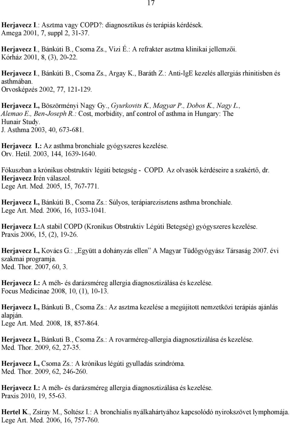 , Gyurkovits K., Magyar P., Dobos K., Nagy L., Alemao E., Ben-Joseph R.: Cost, morbidity, anf control of asthma in Hungary: The Hunair Study. J. Asthma 2003, 40, 673-681. Herjavecz I.