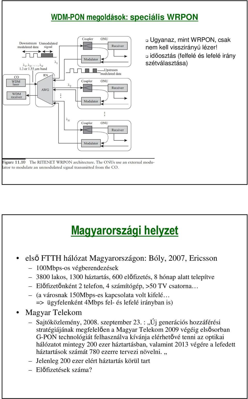hónap alatt telepítve Előfizetőnként 2 telefon, 4 számítógép, >50 TV csatorna (a városnak 150Mbps-es kapcsolata volt kifelé => ügyfelenként 4Mbps fel- és lefelé irányban is) Magyar Telekom