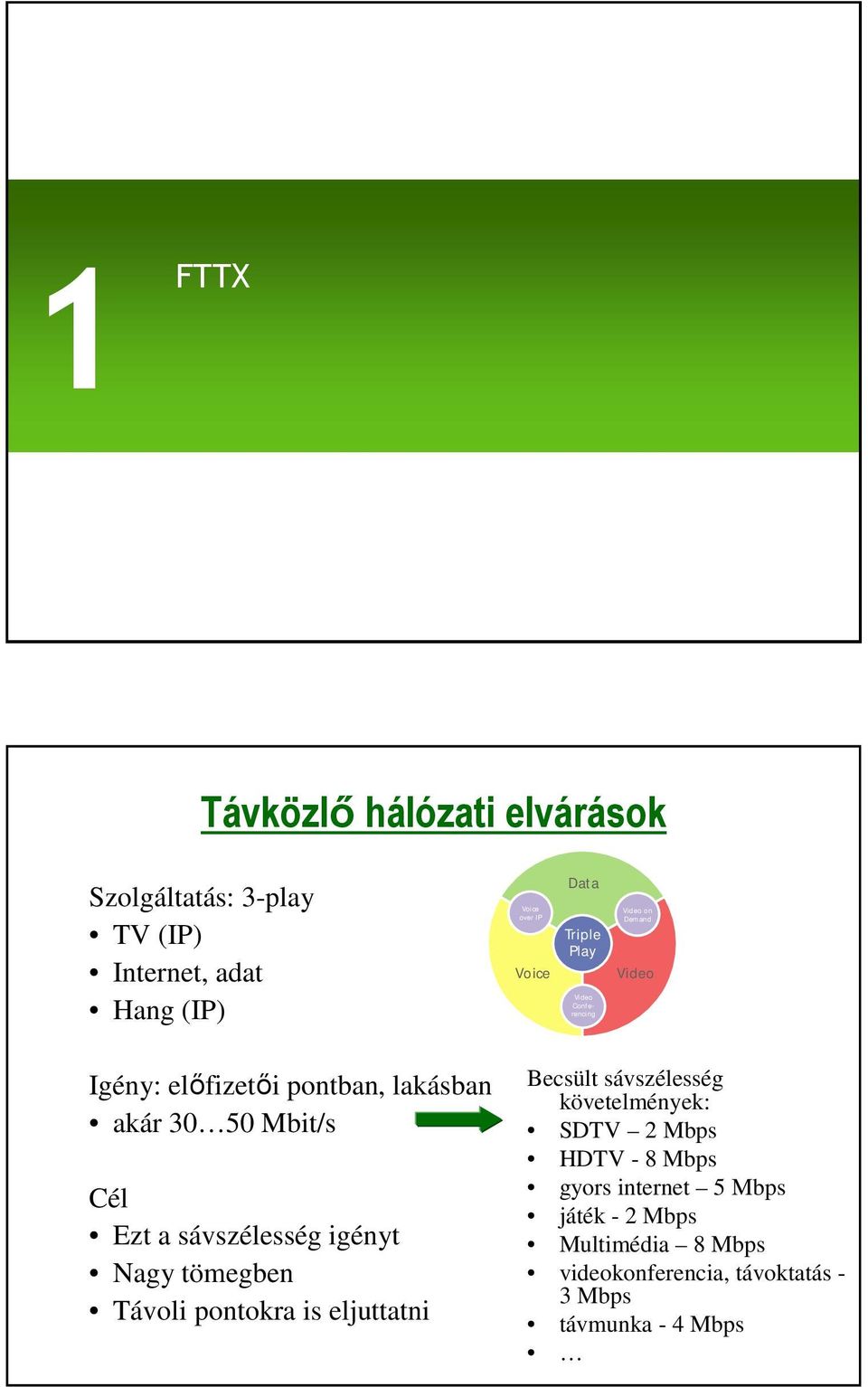 a sávszélesség igényt Nagy tömegben Távoli pontokra is eljuttatni ecsült sávszélesség követelmények: SDTV 2 Mbps