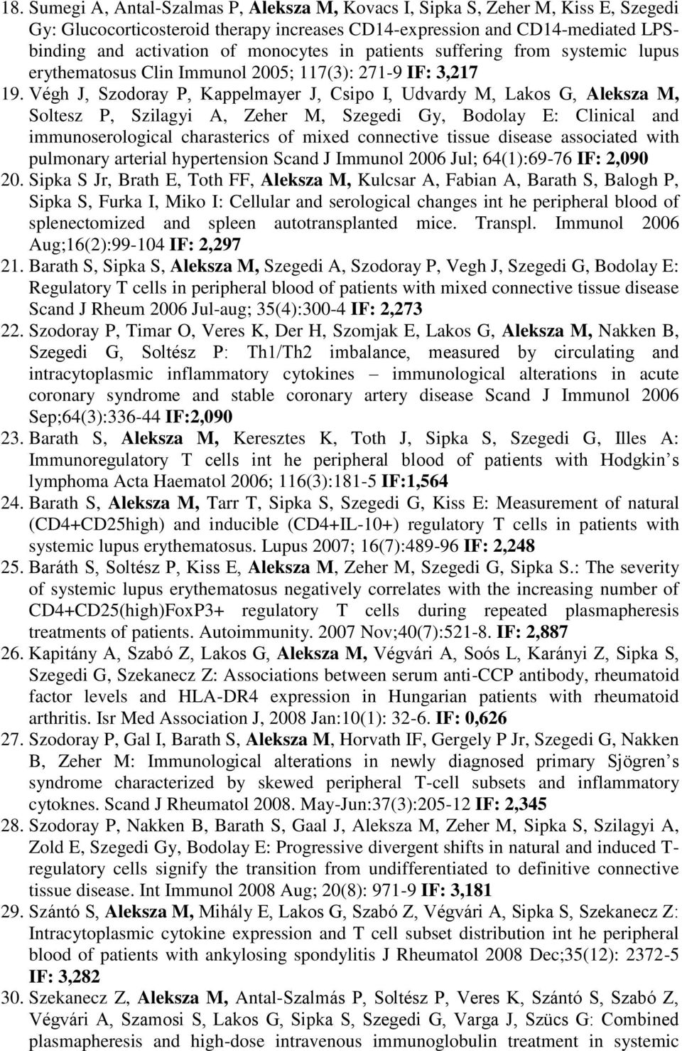 Végh J, Szodoray P, Kappelmayer J, Csipo I, Udvardy M, Lakos G, Aleksza M, Soltesz P, Szilagyi A, Zeher M, Szegedi Gy, Bodolay E: Clinical and immunoserological charasterics of mixed connective