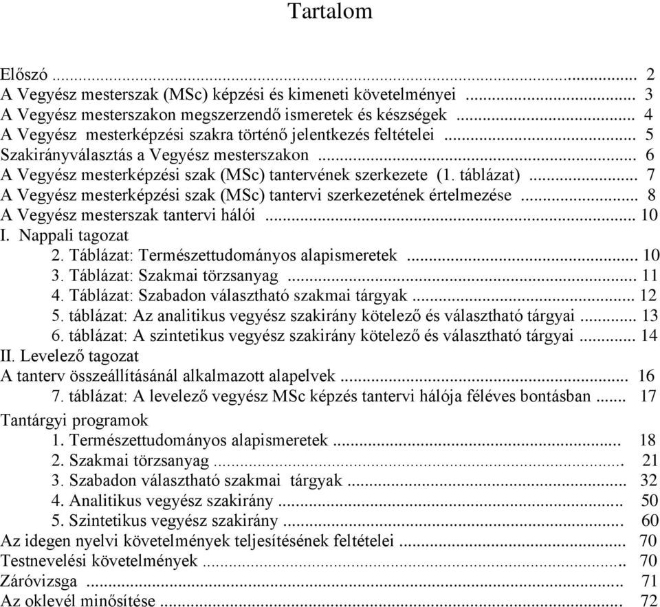 .. 7 A Vegyész mesterképzési szak (MSc) tantervi szerkezetének értelmezése... 8 A Vegyész mesterszak tantervi hálói... 10 I. Nappali tagozat 2. Táblázat: Természettudományos alapismeretek... 10 3.