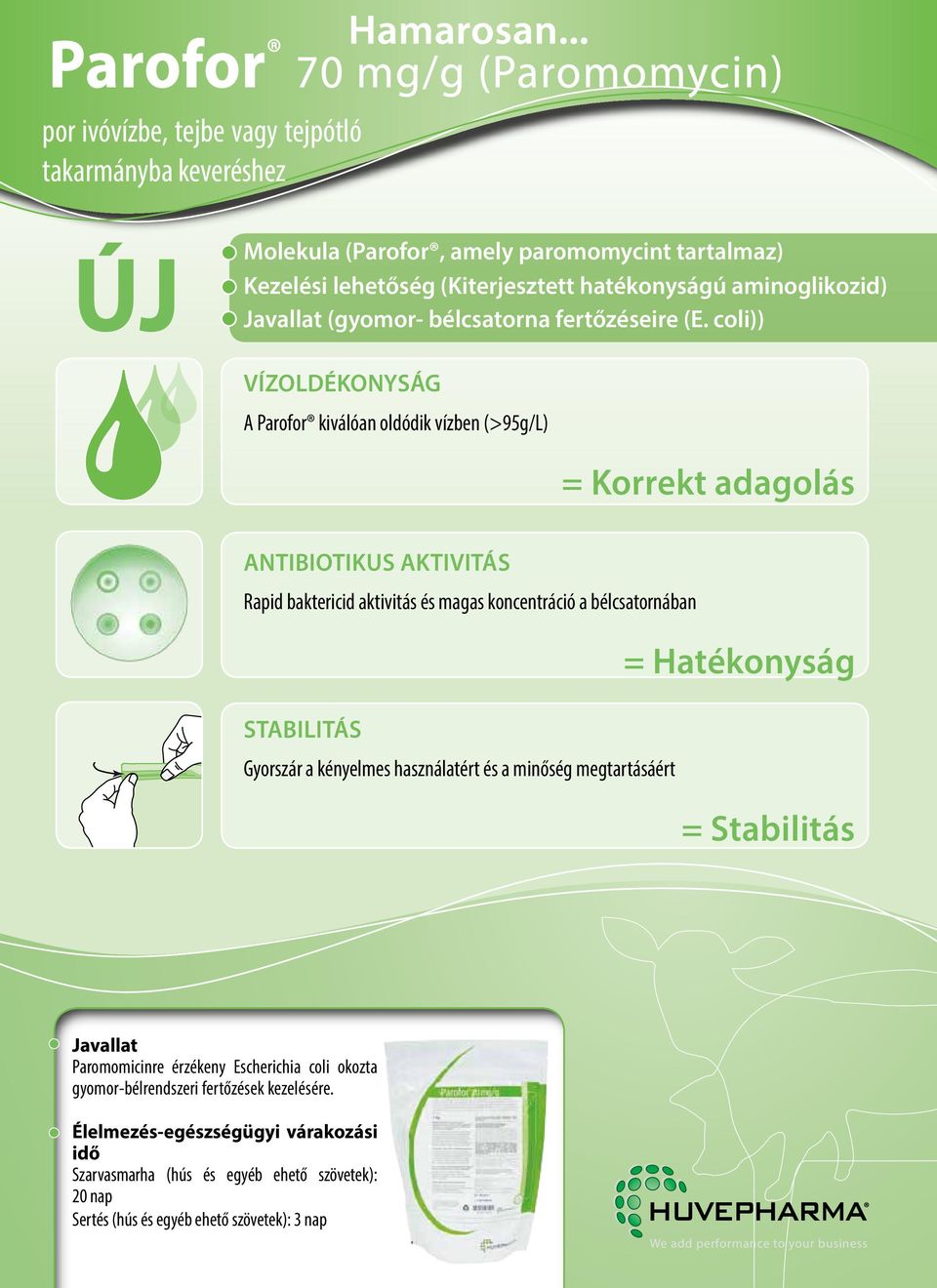 coli)) VÍZOLDÉKONYSÁG A Parofor kiválóan oldódik vízben (>95g/L) = Korrekt adagolás ANTIBIOTIKUS AKTIVITÁS Rapid baktericid aktivitás és magas koncentráció a bélcsatornában STABILITÁS Gyorszár a